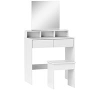 HOMCOM Table de Maquillage avec Miroir, 3 Étagères, 2 Tiroirs et Tabouret, en Bois, 75x38x135 cm, Blanc