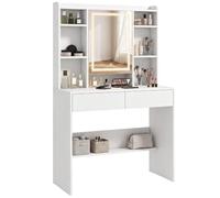 HOMCOM Table de Maquillage avec Miroir et éclairage LED 2 tiroirs Blanc | Coiffeuse, 6 compartiments ouverts, étagères réglables, console maquillage, 8 crochets, pour chambre