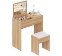 HOMCOM Table de Maquillage Miroir Rabattable Tabouret rembourré Naturel | Bureau de maquillage, compartiments cachés, tiroir de rangement, table d'écriture convertible, chambre