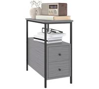 HOMCOM Table de Nuit étroite avec 2 tiroirs Gris Grain de Bois | Étagère de rangement, Industriel, Cadre métallique, pour petits espaces