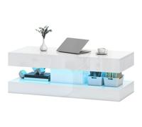 HOMCOM Table de Salon avec Tiroirs et Lumières LED, Table de Café Moderne avec Étagère Ouverte, Table Basse, Panneau de Particules, Blanc