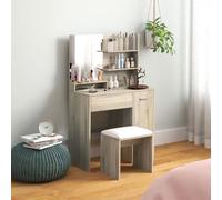 HOMCOM Table de Toilette avec Miroir et Tabouret Finition Bois Naturel | Coiffeuse moderne avec tiroir, armoire de rangement, étagère réglable, chambre