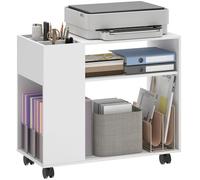HOMCOM Table imprimante Roues Compartiment divisé 70x34x60 cm Blanc | Support d'imprimante, étagères, organiseur de bureau et chariot, pour fax et scanner de bureau.