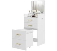 HOMCOM Table Maquillage 3-en-1, Tabouret Roulant, Miroir Pliant, Blanc | Coiffeuse avec 3 tiroirs, commode pour chambre
