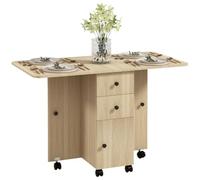 HOMCOM Table Pliante 4-6 pers. sur roulettes, Bois Naturel | Table roulante à abattants, tiroirs, armoire, étagère, petits espaces, cuisine, salle à manger, appart