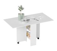 HOMCOM Table pliante de cuisine en bois blanc, amovible sur roulettes, 2 étagères, 75×140×74 cm