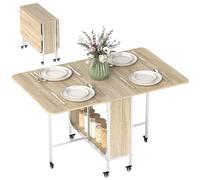HOMCOM Table Pliante Mobile avec 6 roulettes et étagère de Rangement pour Petits espaces, Cuisine, Salle à Manger, Finition Bois Naturel