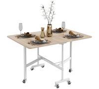 HOMCOM Table pliante sur roulettes, table pour ordinateur portable, table à manger, avec frein de stationnement, Naturel + Blanc