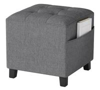 HOMCOM Tabouret carré Petit Pouf avec Poche latérale 35x35x35cm Gris | Tissu aspect lin, pieds en bois d'hévéa, assise rembourrée, repose-pieds, pouf, salon, chambre, entrée