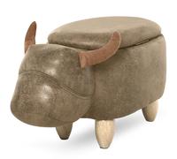 HOMCOM Tabouret de rangement buffle animaux repose-pieds mignon amusant pour enfant bois d'hévéa tissu avec tapis antidérapant marron