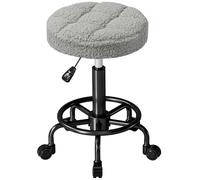 HOMCOM Tabouret Giratoire Rond Tabouret avec Roues Hauteur Réglable 50-66 cm Siège Revêtu en Tissu Pelucheux Gris