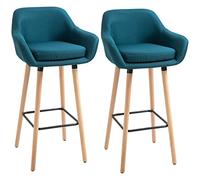 Tabourets de bar - HOMCOM - lot de 2 design scandinave grand confort avec repose-pieds et accoudoirs - bois massif lin - bleu