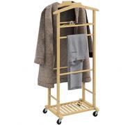 HOMCOM Valet de Chambre à Roulettes Bambou Double Cintre Bois Naturel | Portant à Vêtements, Tige à Pantalons, Plateau à Accessoires, Étagère, Porte-Manteaux, Chambre, Buanderie