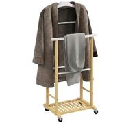 HOMCOM Valet de chambre à roulettes Cintre Intégré Naturel et Blanc | Portant à Vêtements en Bambou, Tiges à Pantalons, Étagère pour Chaussures, Porte-Manteaux pour Chambre, Buanderie