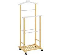 HOMCOM Valet de chambre à roulettes, portant à vêtements en bambou avec cintre intégré, tiges à pantalons et étagère, naturel