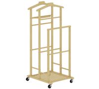 HOMCOM Valet de chambre à roulettes, portant à vêtements en bambou, cintres, barres de suspension, plateau et étagère, chêne