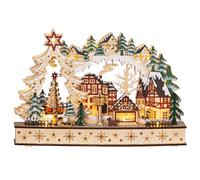 HOMCOM Village de Noël lumineux, village de Noël animé en bois, avec 20 LED, paysage enneigé, 45L x 12l x 30H cm, bois naturel