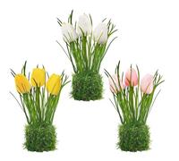 Homcomodar Lot de 3 bouquets de tulipes artificielles comme de vraies fleurs artificielles avec mousse pour décoration de table, salon, balcon, fête, bureau (blanc + rose + jaune)