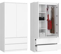 Home Collective Armoire Blanche, Armoire avec 2 Portes et 2 tiroirs, Largeur 90cm, Hauteur 180cm, Tringle à vêtements, penderie, Chambre à Coucher, Salon