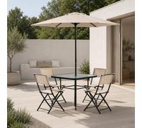 Home Collective Ensemble de meubles de jardin - 6 pièces - 4 chaises pliantes, 1 table en verre, 1 parasol - Résistant aux intempéries - Pour jardin, terrasse, balcon - Beige/noir