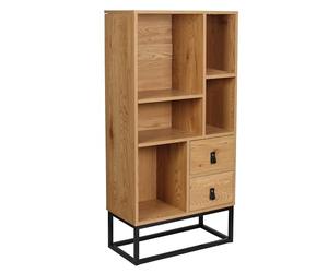 HOME DECO FACTORY Bibliothèque Abbott Bois et Métal 2 Tiroirs Chêne et Noir | Bois et métal, bibliothèque modèle Abbott, 2 tiroirs, 5 compartiments, design moderne, salon, robuste, chêne et noir