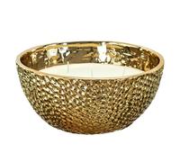 HOME DECO FACTORY Bougie Parfumée Martelée 5 Mèches Ambre Céramique Doré | Cire de paraffine, bougie parfumée 5 mèches, senteur ambre, pot céramique martelé doré, décoration tendance, 21 cm, jaune