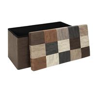 HOME DECO FACTORY Coffre Banc Pliable Patchwork Assise et Rangement Marron | Bois et textile, coffre banc pliable, motif patchwork, style bistrot, assise et rangement, 76x38x38 cm, marron