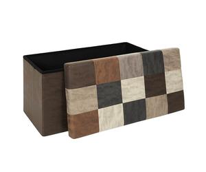 HOME DECO FACTORY Coffre Banc Pliable Patchwork Assise et Rangement Marron | Bois et textile, coffre banc pliable, motif patchwork, style bistrot, assise et rangement, 76x38x38 cm, marron