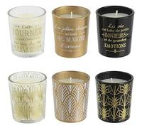 HOME DECO FACTORY Coffret de 6 Bougies Parfumées Vanille Assorties Doré | Cire de paraffine, coffret 6 bougies parfumées, senteur vanille, pots verre assortis, décoratif, doré noir transparent