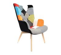 HOME DECO FACTORY - Fauteuil Patchwork Multicolore Design Scandinave - Confortable pour Salon/Salle à Manger - Structure Bois - Tissu Polyester - 66 x 99,5 x 72 cm - Orange - Collection Helsinki