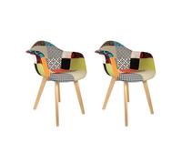 HOME DECO FACTORY Lot de 2 Fauteuils Scandinaves Patchwork Multicolore | Bois et polyester, lot de 2 fauteuils scandinaves patchwork, design tendance, salon ou chambre, multicolore