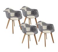 HOME DECO FACTORY, Lot de 4 Fauteuils Style Scandinave, Tissu Patchwork, Pieds Inclinés en Hévéa, Assise Moelleuse, Blanc Noir, 62,50x84,5X 64 cm - Hauteur d'assise : 48 cm