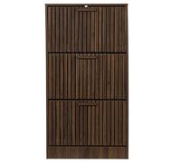 HOME DECO FACTORY - Meuble à Chaussures Élégant et Fonctionnel 3 Portes - Rangement Pratique en Bois Strié Foncé - Idéal pour Entrée ou Chambre - 120x15x38.5 cm - Foncé - Modèle Klaus