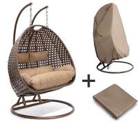 HOME DELUXE - Fauteuil suspendu TWIN - Marron, hauteur 195 cm - avec housse de protection contre la pluie, structure, coussins d'assise et de dossier I Fauteuil suspendu en polyrotin, balancelle de ja
