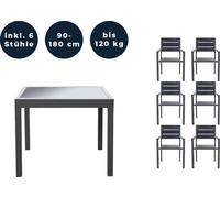 HOME DELUXE - Table de jardin extensible - VERANO - env. 90 (180) x 90 x 75 cm - avec 6 chaises, structure en aluminium, plateau en verre, accessoires inclus I Meubles de jardin Table extensible Ensem