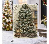Home For The Holidays Drapeau de jardin Arbre de Noël 30,5 x 45,7 cm | Lanterne vintage, drapeau de cour, couverture à carreaux, baies de houx, toile de fond de cheminée d'hiver