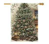 Home For The Holidays Drapeau maison d'arbre de Noël 71 x 101 cm | Lanterne vintage, drapeau de cour, couverture à carreaux, baies de houx, toile de fond de cheminée d'hiver