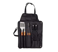 Home Fun Line® - Schürze mit Grillset. Set mit 7 Grillutensilien: Schürze und schwarzer Nylonhandschuh, Gabel, Spatel, Zange, Salz- und Pfefferstreuer aus Edelstahl.