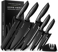 Home Hero Couteau Cuisine avec Aiguiseur Couteaux - Couteaux de Cuisine Professionnelle en Acier Inoxydable - Ensemble de Couteaux et Ustensiles de Cuisine (11 pcs avec étui - Noir)