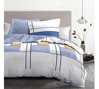 HOME LINGE PASSION Parure de Couette 200x200 cm - 3 pièces - Percale de Coton Douce - Housse + taies - Blanc & Bleu Indigo - Modèle L'intrigante