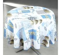 Home Maison - Nappe Anti-Tâche Ronde Motif Bord de Mer - Polyester - Imprimé Marin Coquillages Cordages - Idéale pour Intérieur/Extérieur Couverts - Lavable en Machine - Ø160 cm - Blanc