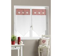 Home Maison - Paire de Petits Voilages en Étamine avec Parement Vichy - Polyester - Ourlet Passe Tringle - Appliques Cœur en Fausse Fourrure - Fenêtre Salon Chambre Cuisine - 60 x 160 cm - Blanc