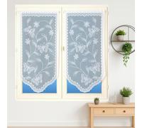 Home Maison - Paire de Vitrages Base Découpée Dentelle Papillons - 100% Polyester - Motifs Papillons Et Fleurs - Passe-Tringle Intégré - Prêt à Poser - 60 x 120 cm - Blanc