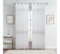Home Maison - Paire Voilages Brodé Fleurs pour Baie Vitrée - Polyester 100% - Motif Brodé Taupe - 8 Œillets Métalliques - Installation Facile - 140 x 240 cm - Taupe