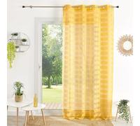 Home Maison - Voilage à Rayures en Coloris Jaune - 100% Polyester - Alternance de Bandes Opaques Et Transparentes - Œillets Ronds Argent - Prêt à Poser - 140 x 240 cm - Jaune