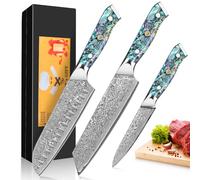 Home Safety 3 Pièces Damas Cuisine Ensemble - Santoku Tranchage Martelé Forge Couteau Très Sharp Chef Professionnel à Désosser Avec Résine Poignée