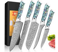 Home Safety 5 Pièces Damas Cuisine Couteau Santoku Tranchage Martelé Forge Damas Poignée en Résine Ensemble Couteau Professionnel