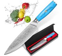 Home Safety Couteau de Chef, Couteaux Japonais Professionnelle en Acier Damas 67 Couches, Lame de 20cm Ergonomique Résine Bleue Handle avec Boîte Cadeau