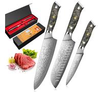 Home Safety Ensemble de Couteaux de Cuisine 3 Pièces en Acier Damas,Set Couteau 67 Couche Acier Couteaux Japonais - Couteau de Chef 20CM, Couteau Santoku 17,8CM, 12,4CM Couteau Universel