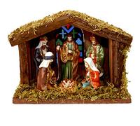 Home&Style 463303 Crèche de Noël 6 Personnages et 1 étable en Bois 20 x 15 cm avec éclairage dans Un Carton coloré, Marron